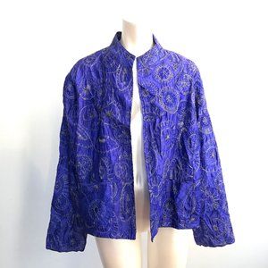 Chico’s open front embroidered silk jacket w/ metallic pattern sz 3